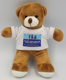 Flu bear is a teddy bear wearing a t-shirt with the Flu Superhero campaign logo