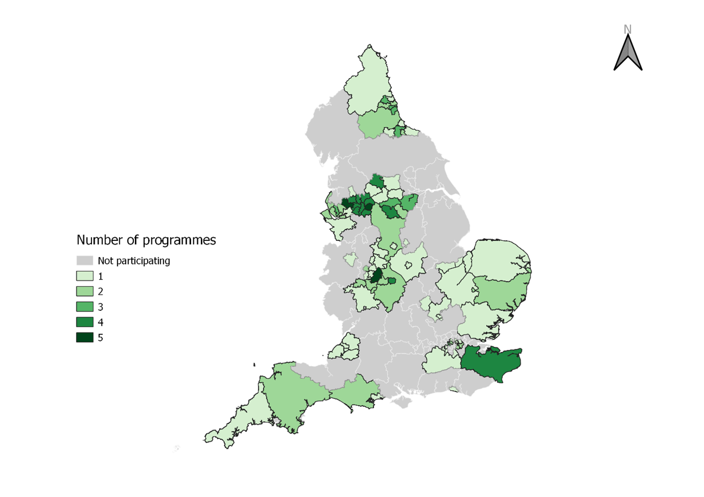 A map of England showing the location of place-based programme pilot areas in the first round of each in scope programme. It also shows the number of programmes in each area. 
