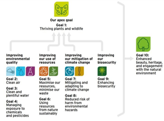 Chart with images illustrating the UK Government goals: increasing species abundance by at least ten per cent from 2030, restoring or creating at least 500,000 hectares of a range of wildlife-rich habitats, reducing the risk of species extinction, restoring 75 per cent of one million hectares of terrestrial and freshwater protected sites to favourable conditions, securing their wildlife value for the long-term