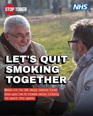 Stoptober 2025 poster to men supporting each other to stop smoking
