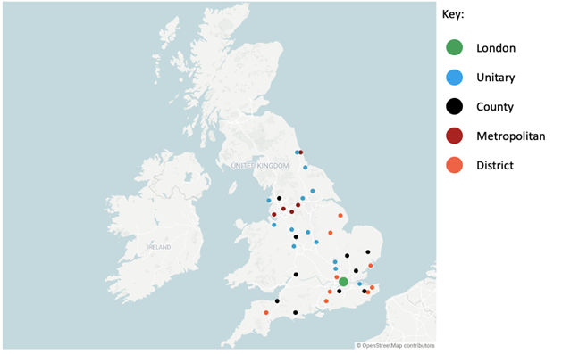 A map of the UK showing the location of online survey respondents, explained in detail in table 2.2