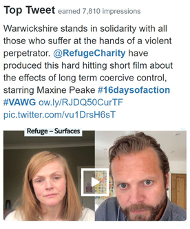 Screenshot of a top tweet from Warwickshire county council, signifying how they stand in solidarity with victims of domestic abuse