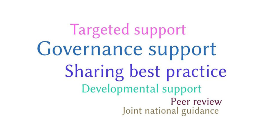 A word cloud showing the frequency of themes that emerged in relation to the additional support or assistance respondents would find most useful, within the next 6 to 12 months, to help the HWB to have greater impact on and help it operate effectively within the ICS arrangements. The main themes to emerge were governance support; sharing best practice; targeted support and developmental support.