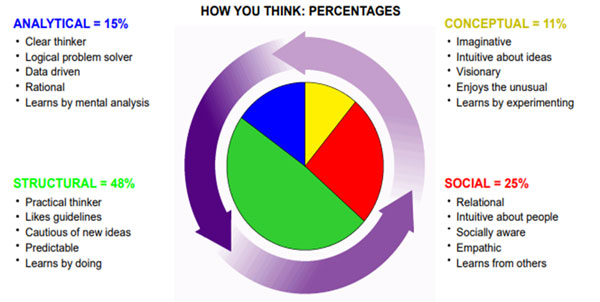  A breakdown of an Emergenetics profile showing thinking preferences. The profile shows the individual is: Analytical 15 per cent, Structural 48 per cent, Conceptual 11 per cent, Social 25 per cent.