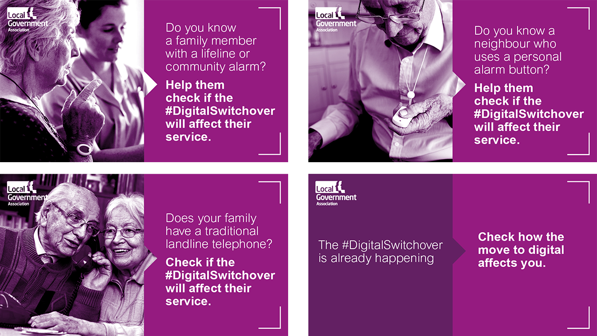 a group of assets with photos of people using telecare products/home telephones and text about the digital switchover