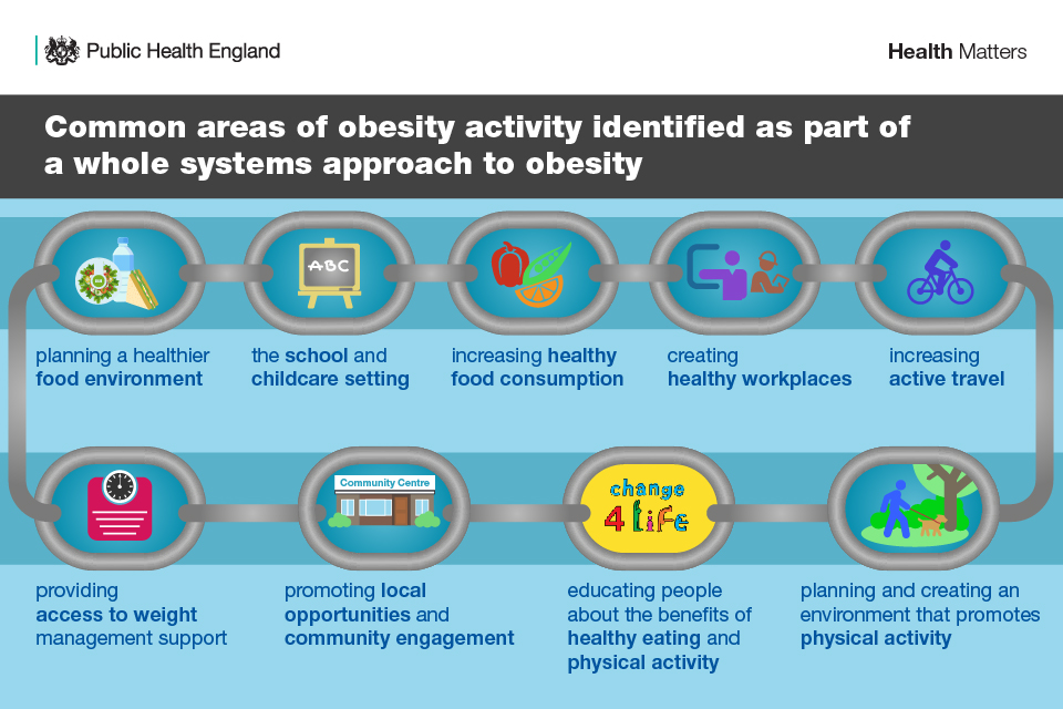 planning a healthier food environment, the school and childcare setting, increasing healthy food consumption, creating healthy workplaces, increasing active travel, planning and creating an environment that promotes physical activity, educating people about the benefits of healthy eating and physical activity, promoting local opportunities and community engagement and providing access to weight management support. 