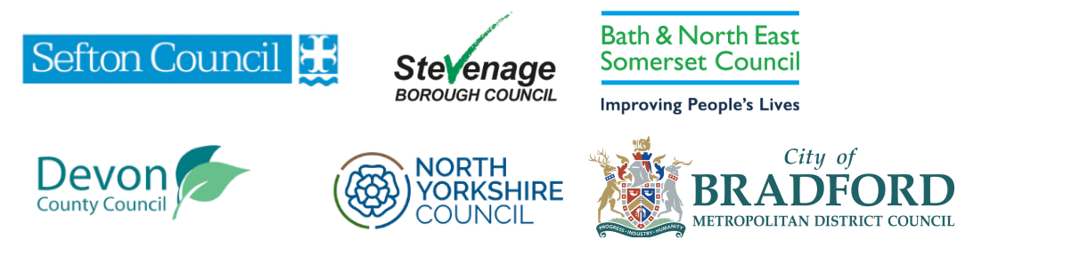Sefton Council, Stevenage Borough Council, North Yorkshire Council, Devon County Council, Bath and North East Somerset Council, City of Bradford Metropolitan District Council