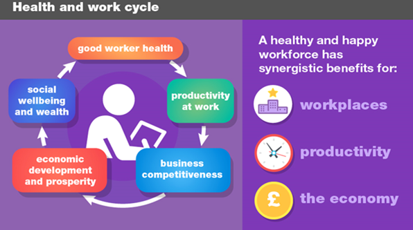 Health and work cycle; a healthy and happy workforce has synergistic benefits for: workplaces, productivity and the economy. Good worker health pointing arrow to productivity at work pointing to business competitiveness pointing to economic development and prosperity pointing to social wellbeing and weath.