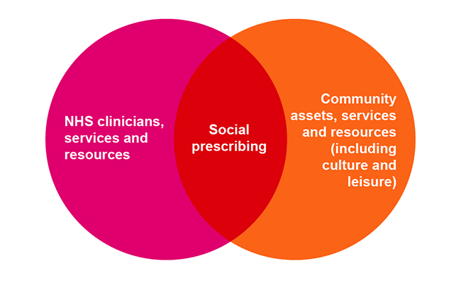 A venn diagram showing NHS clinicians, services and resources on the left, and community assets, services and resources (including culture and leisure) with social prescribing merged in the middle 