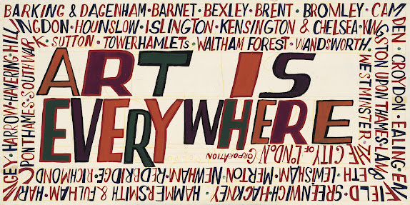 Art for Everyone, a print by Bob and Roberta Smith showing the names of all London boroughs and the words ‘Art is Everywhere’  