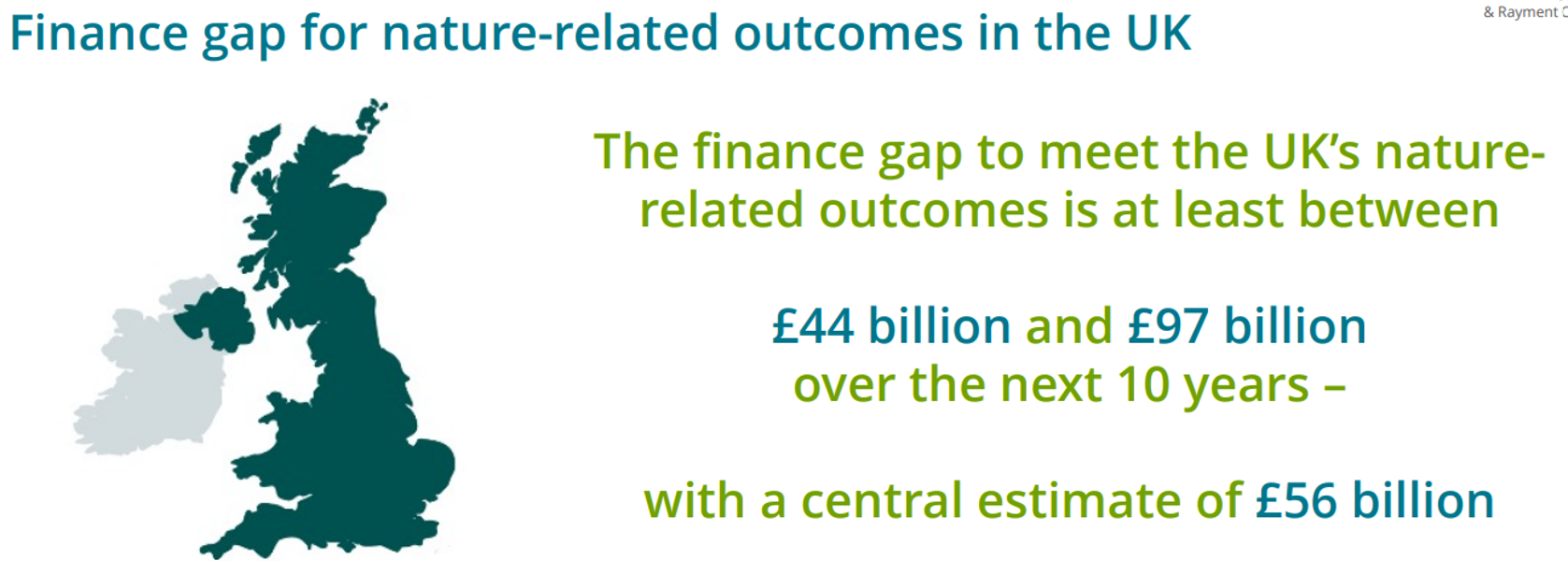 Map of the Uk with the information: Finance gap for nature-related outcomes in the UK. The finance gap to meet the UK's nature related outcomes is at least between £44 billion and £97 billion over the next 10 years with a central estimate of £56 billion.