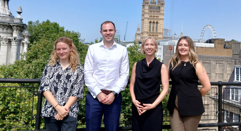 Faith Scott Deuchar, Jack Pearce, Marelize De Beurs, Hannah Barton standing on the LGA terrace