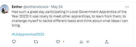 Screenshot of Apprentice of the Year Tweet by Esther Wilcox