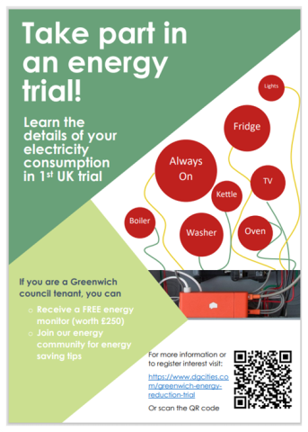 A flyer advertising an energy trial where people could get a free energy monitor and take part in research in the Green which borough. It's green and white with red circles with household appliances written inside attached to a photo of the monitor. It has a QR code in the bottom right corner.