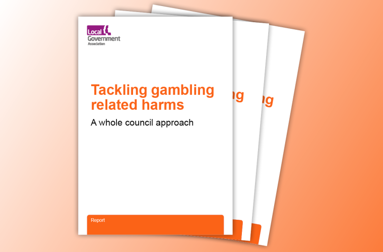 A faded orange background with three fanned out documents with the text on reading : Tackling gambling related harms: a whole council approach 