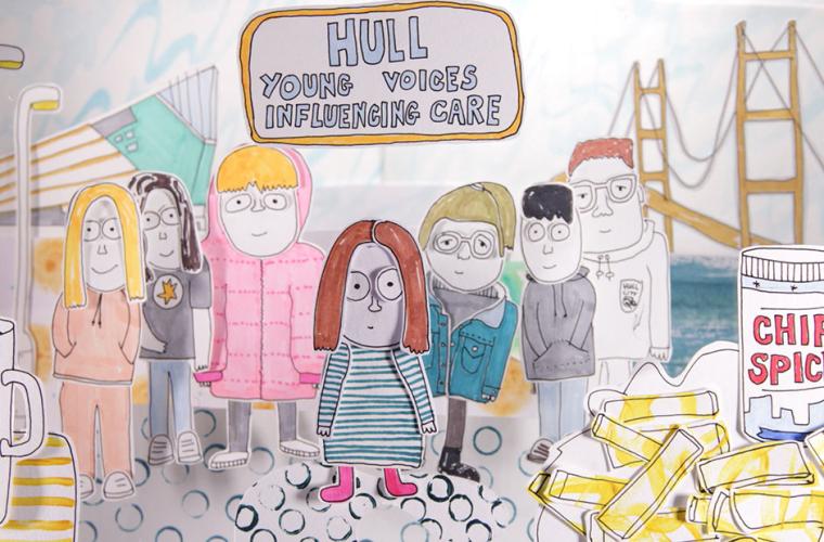 A diverse group of children is shown in front of a landscape. There is a quote above them all "Hull Young voices influencing care".