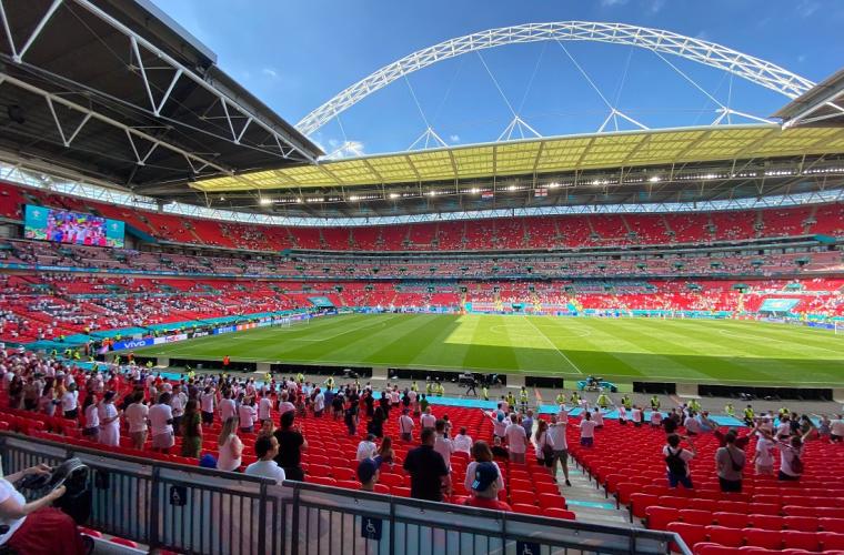 Wembley Stadium under blue skies during the opening game of the Euros 2020