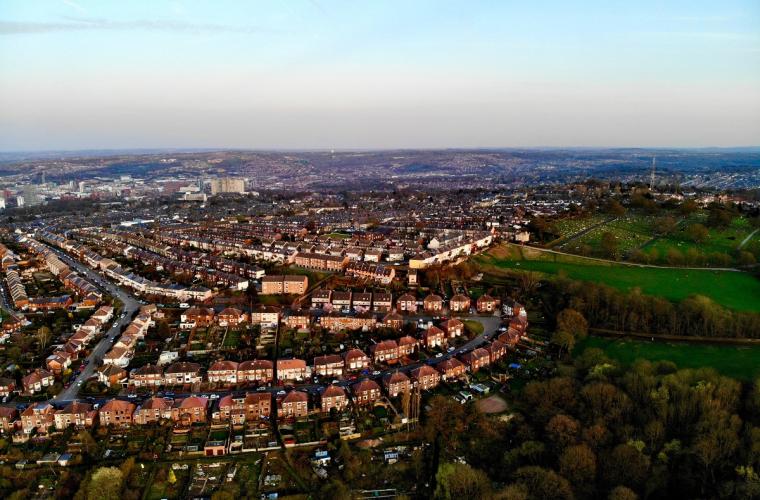 An aerial shot of an English town