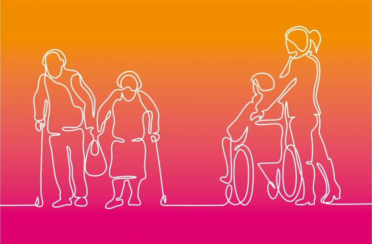 Drawings of an older couple and a younger person in a wheelchair being pushed by a carer against a gradient background