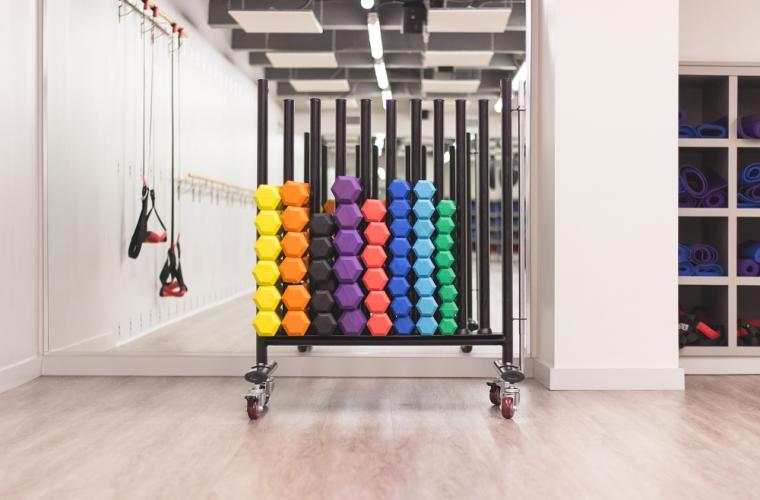 Rows of colourful dumbbells stacked together in a leisure centre