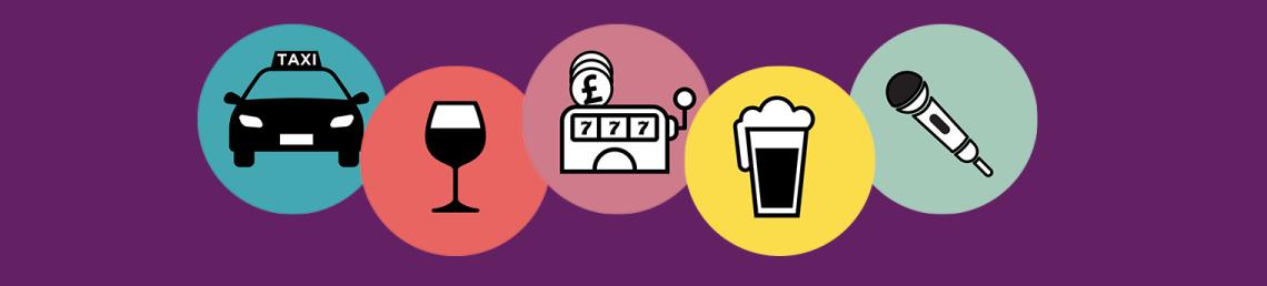 Purple banner with icons in circles. Icons show a police car, glass of wine, slot machine, pint glass and microphone