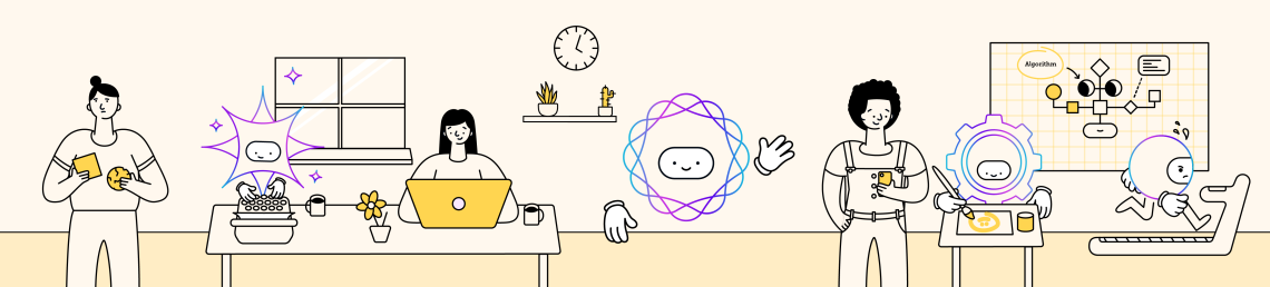 Group of people in an office being assisted by cartoon figures representing tasks