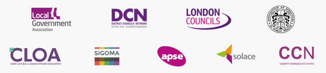 Logos of LGA, CLOA, APSE, London Councils, SOLACE, Sigoma, DCN, CCN, ADPH