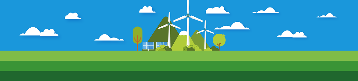 Graphic illustration of wind farm on grass field against blue sky with white clouds 