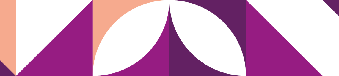 A banner with decorative purple, pink, and peach geometric shapes