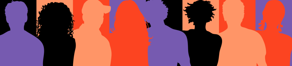 Outline of people against an orange, purple and light orange background