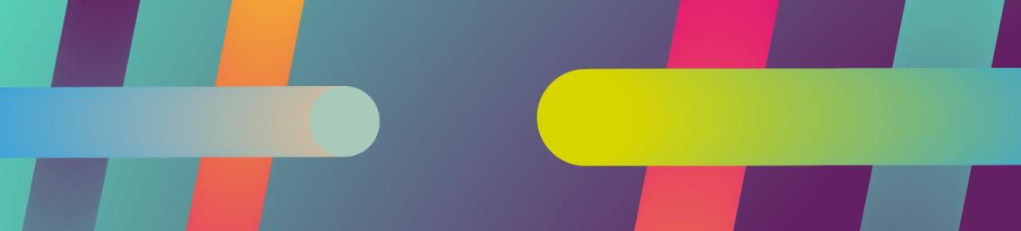 A light bule vertical banner with thick colourful lines creating a hashtag symbol either end of the banner
