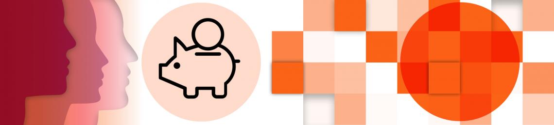 Banner image with orange and white squares, and piggy bank logo