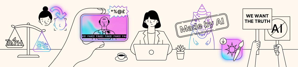 Woman using her laptop in the middle with various AI signs around her