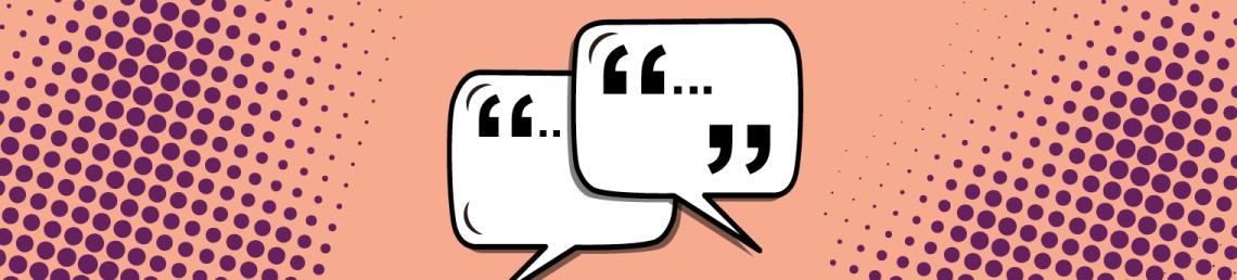 A peach colour horizontal banner with two speech bubbles in the centre.