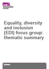 Grey title text syaing Equality, diversity and inclusion (EDI): thematic summary and the purple LGA logo in the top right corner