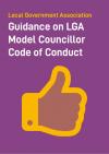 A yellow thumbs up icon against a purple background and the copy "Guidance on LGA Model Councillor Code of Conduct" above it in white 
