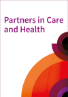 purple text reads partners in care and health with an orange, red, purple and black circular pattern in the lower right