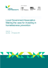 a white page with a green title Local Government Association: Making the case for investing in homelessness prevention. Along the top sit the logos for Local Partnerships, the Treasury, the LGA and the Welsh Government. A green patterned banner sits along the bottom.
