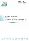 Cover sheet for the Return to Work - ICT council information pack, with teal icons featuring wifi symbols, globes and laptops, and the Local Government Association, Government Equalities Office and Return to Work - ICT logos.