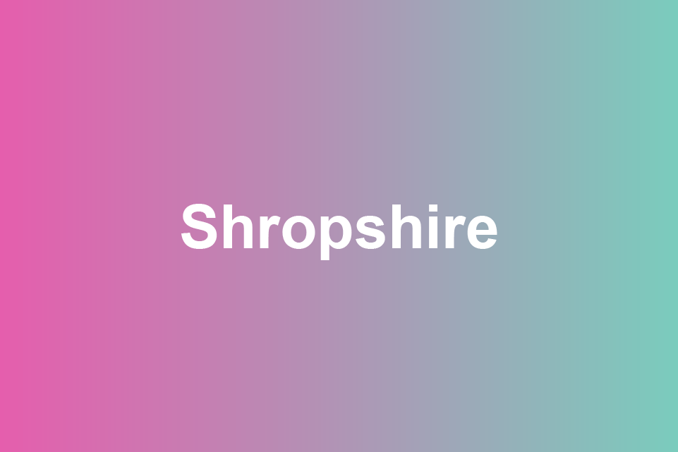 pink, purple and green banner written Shropshire on it