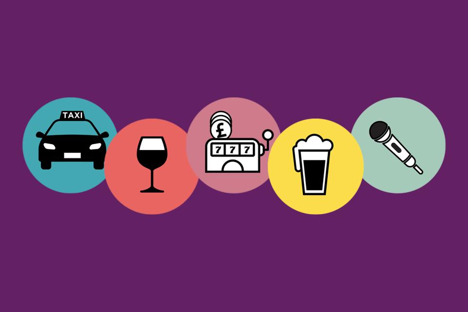 Dark purple background with five circle icons going across the image. From left to right is; a taxi icon, a wine glass, a slot machine, a pint glass and a microphone