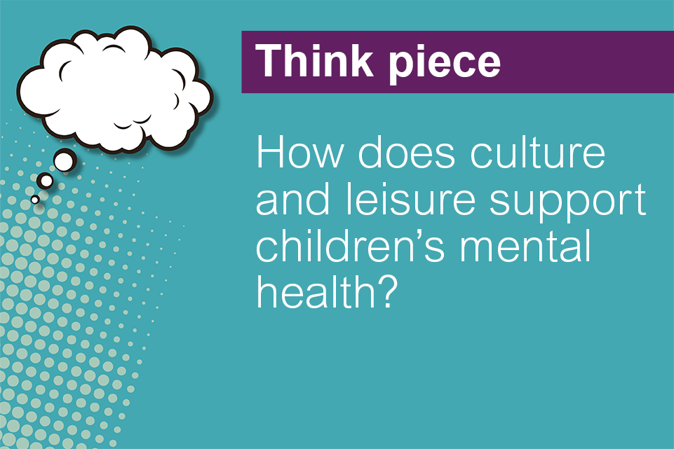 A blue/green background with a small thought bubble icon on the left side. To the right side is the text ' Think piece, How does culture and leisure support children's mental health?'