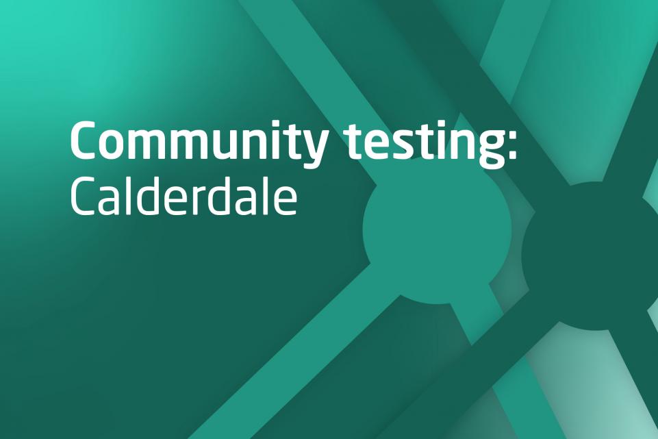 Decorative green image with text community testing Calderdale