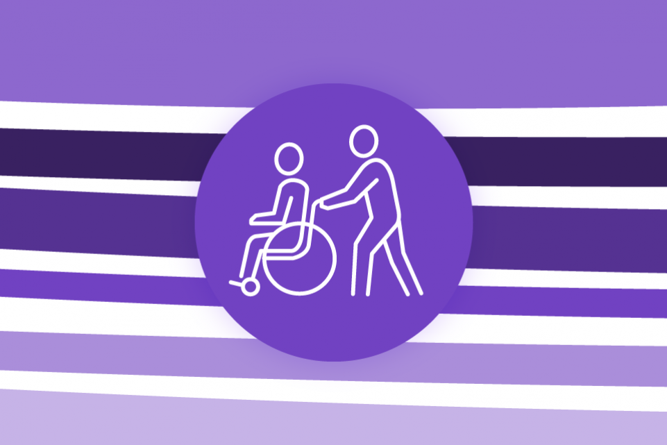 Re-thinking local: adult social care - image with purple lines on a white background and an icon of a person in a wheel chair