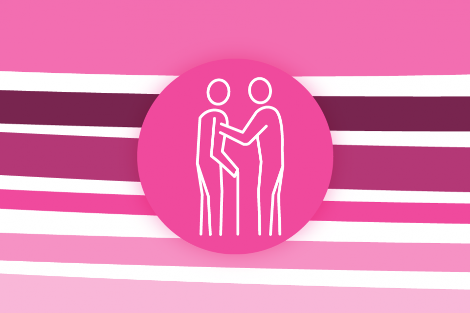 Re-thinking local: supporting vulnerable people - pink stripes on a white background with a pink icon of an elderly person with a cane in the foreground