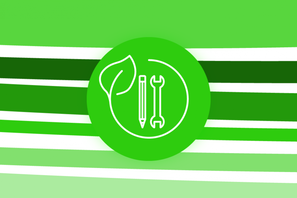 Re-thinking local: skills and the green economy - bright green stripes on a white background with a green icon of a pen and a wrench in the foreground
