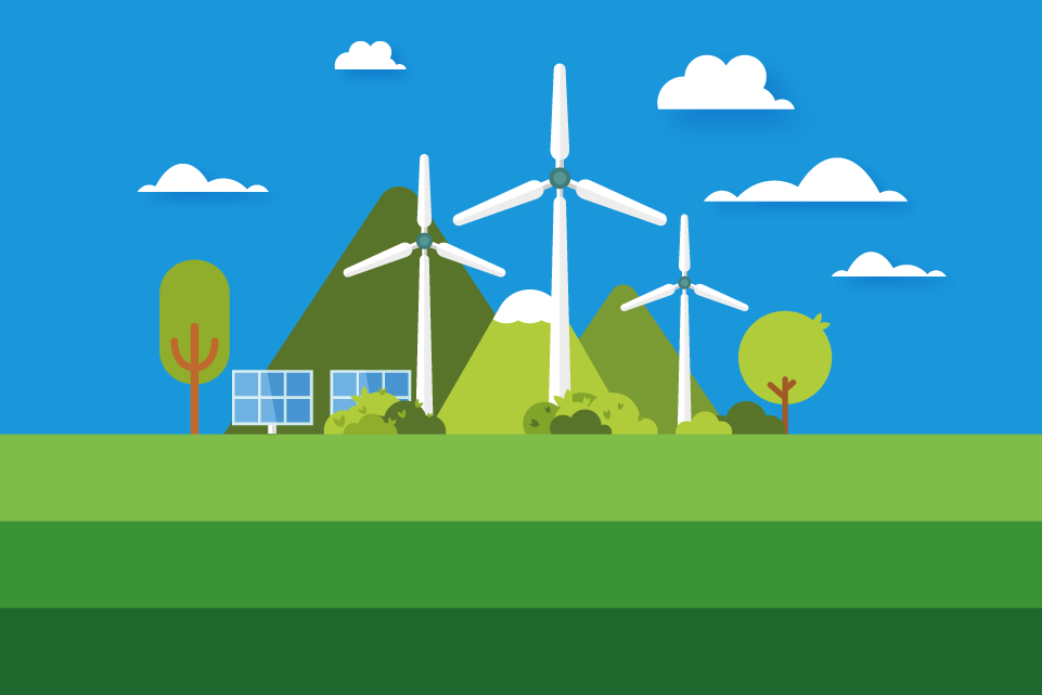 Graphic illustration of wind farm on green grass against blue sky
