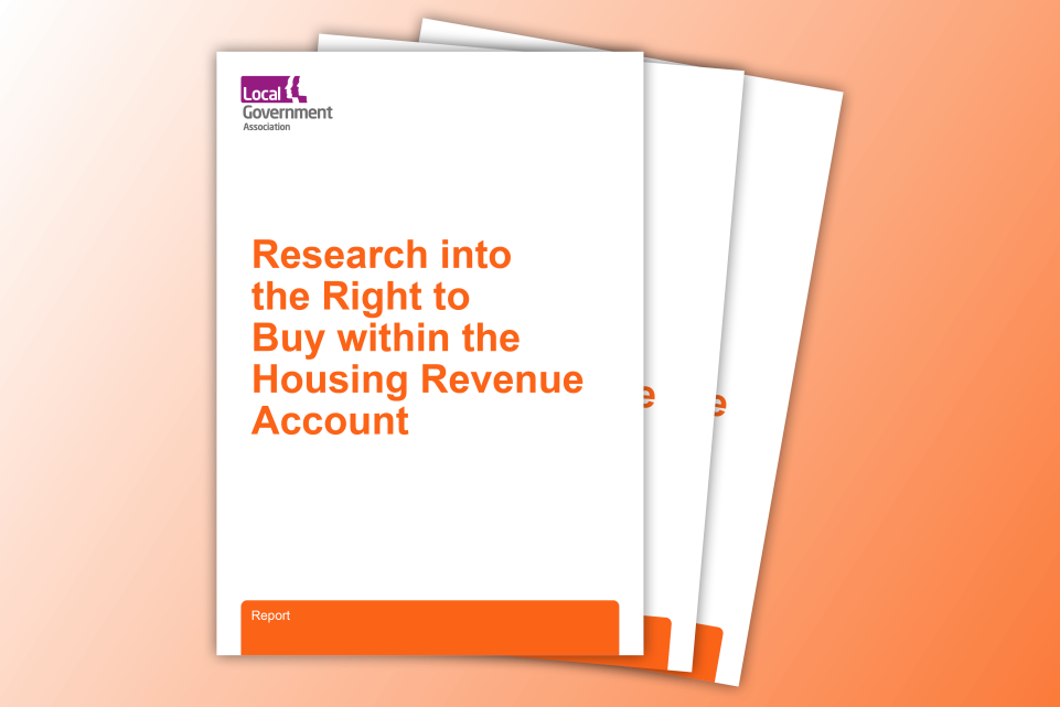 a pile of white papers, the first with a bold orange title Right to Buy within the Housing Revenue Account. A purple LGA logo is in the top right.