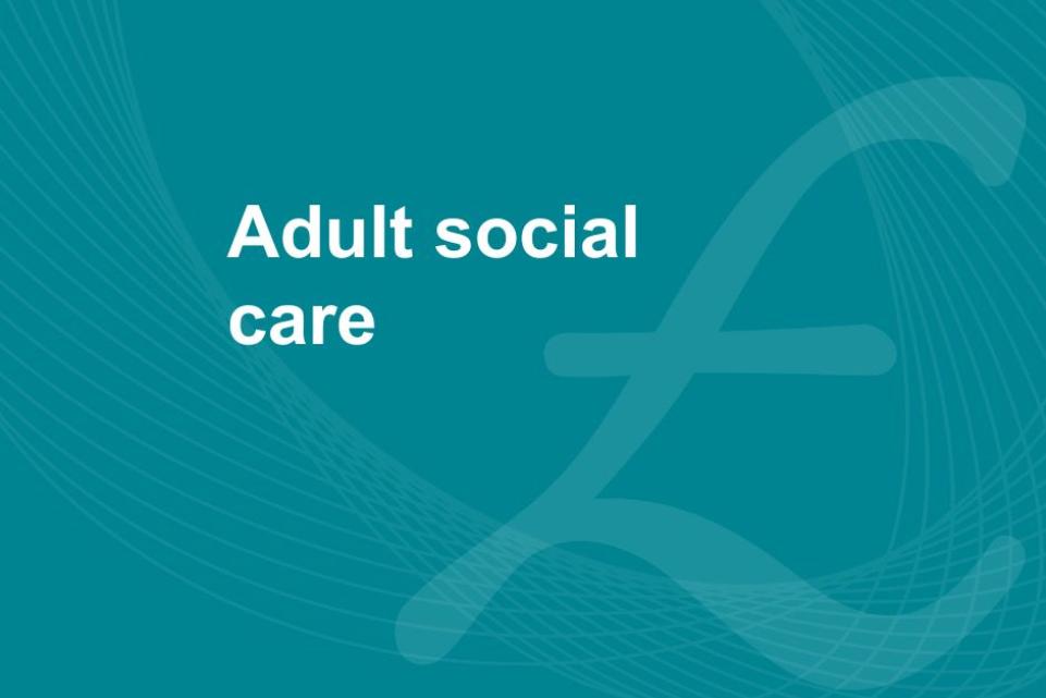 A blue background with a background image of a british pound sign and the text 'adult social care'