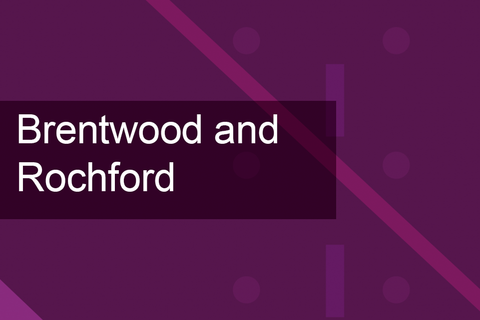 Dark purple background with lighter purple shapes consisting of diagonal lines and small circles. With the text Brentwood and Rochford written across.